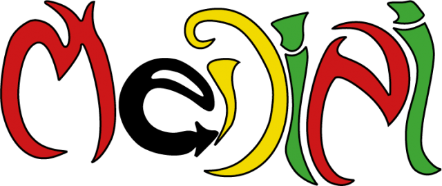 Das Logo der Messdiener Nideggen. Es zeigt den Schriftzug MeDiNi in den Farben rot, schwarz, gelb und grün.